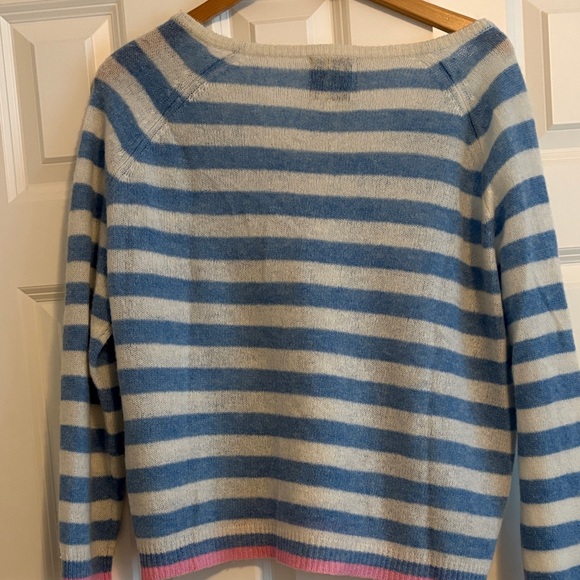Jumper 123 100% Cashmere Blue and White Striped lightweight V-Neck Sweater - Picture 9 of 12